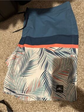 O'Neill Men's Teal and Navy Palm-Print Board Shorts with Coral Stripe